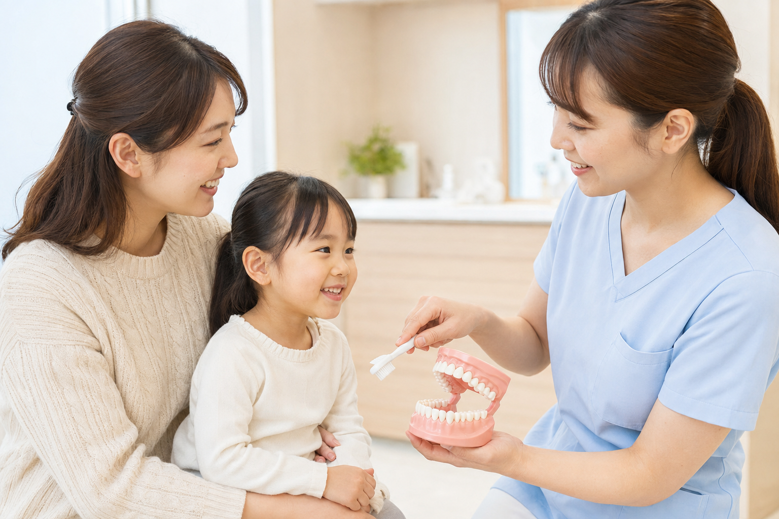 お子さまのお口の使い方を確認する歯科スタッフ