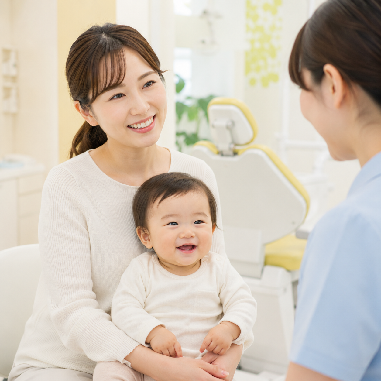 赤ちゃんを抱いて歯科スタッフに相談するお母さま